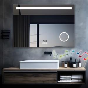 MIQU Specchio da bagno a LED con illuminazione, 80 x 60 cm, specchio 800 x 600 mm grande con presa di corrente, orologio, Bluetooth, Touch, dimmerabile, caldo/bianco, senza appannamento, ingrandimento