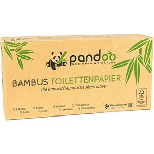 pandoo Carta igienica in bambù al 100%, senza legno, in confezione senza plastica, carta igienica di bambù, 3 strati e morbida, 12 x 8 rotoli da 200 fogli (96 rotoli)