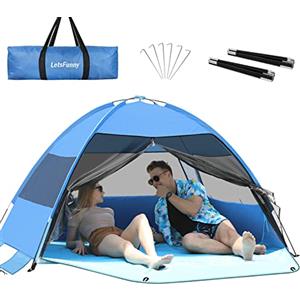 LetsFunny Grande tenda da spiaggia facile da installare, anti-UV, tenda da spiaggia a baldacchino con pavimento esteso e 3 finestre arrotolabili in rete, adatta per 3-4 persone, tenda parasole portatile per