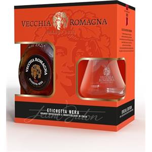 Vecchia Romagna Etichetta Nera 70cl Special Pack - Confezione regalo con un bicchiere. Brandy con doppio invecchiamento, gusto elegante e deciso. 38% vol.