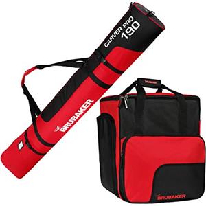 Brubaker, Set con Borsa portasci e Borsa per Gli Scarponi, per 1 Paio di Sci Fino a 190 cm e per Racchette, Scarponi e Casco, di Colore Nero e Rosso