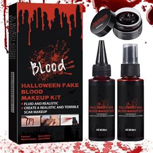 QEEROYO Sangue Finto Halloween Set, 50ml Sangue Finto Spray + 50ml Sangue Gocciolante + 30g Plasma Coagulato, Set di Sangue Finto, per Trucco Adatto Halloween Cosplay
