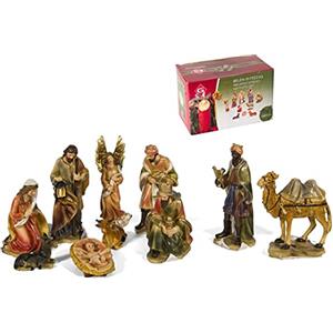 Aurora Store Presepe Natività Elegante con 10 soggetti Fino a 12 cm Personaggi Statue in PoliResina Natività Grande Giuseppe Maria Gesù Bambino, Re Magi, Bue e Asinello, Angelo, Pastore con Pecora