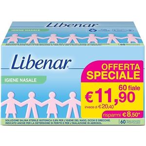 Libenar Soluzione Salina Sterile Isotonica 0,9% - 60 Flaconcini Monouso da 5ml per Igiene Nasale, Oculare e Auricolare
