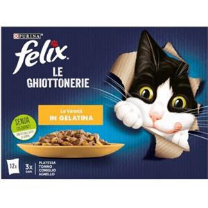 Purina Felix Le Ghiottonerie Multipack - Cibo Umido per Gatti con Platessa, Tonno, Coniglio e Agnello in Gelatina (12 x 85g)
