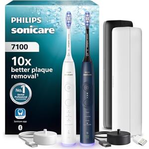 Philips Sonicare 7100, spazzolino elettrico sonico con app, 4 modalità di spazzolamento e 3 livelli di intensità, SmarTimer, bianco e blu navy, confezione da 2, HX7429/01 [Nuova tecnologia]