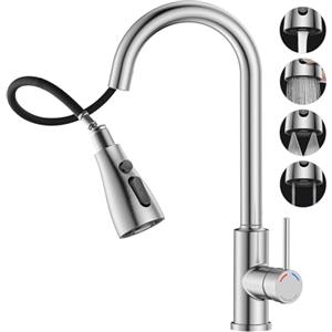SREWOHS PRO Rubinetto Lavello Cucina,Miscelatore Cucina con Doccetta Estraibile, 4 Modalità Acqua, Bocchello girevole a 360°, Arco alto, Acciaio Inox per Lavello da Cucina a 1 foro