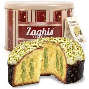 Zaghis il difetto di essere buoni ZAGHIS Panettone Artigianale Pistacchio 800g,Con Cremosa Crema di Pistacchio e Granella Tostata, Cioccolato Bianco e Lievito Madre, confezionato in Latta Vintage