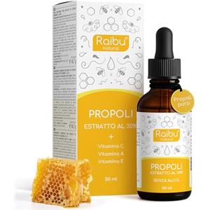 RAIBU Propoli Puro Forte 300mg/ml, Senza Alcol - Propolis Gocce Per Sistema Immunitario e Vie Respiratorie - Estratto Concentrato di Propoli al 30% con Vitamine C, A ed E - Adatto a Bambini e Adulti, 50 ml