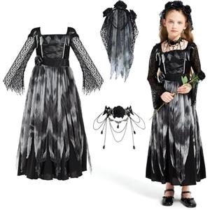 HERMORRYSS Vestito Sposa Cadavere Bambina, Abito da Sposa Cadavere Nero, Sposas Cadavere Costume Bambina con Collana, Velo e Rose Fiori, Sposas Fantasma Costume per Feste Carnevale e Halloween (M)