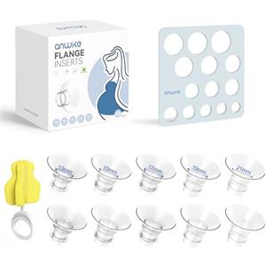 ANWIKE 10 Pezzi Inserti Flangia per Tiralatte 13/15/17/19/21 mm, compatibili con Tiralatte Elettrici Momcozy M5 S9/S12 Pro, Jheppbay, KISSBOBO, Medela, con Righello per Capezzoli e Spazzola per la Pulizia
