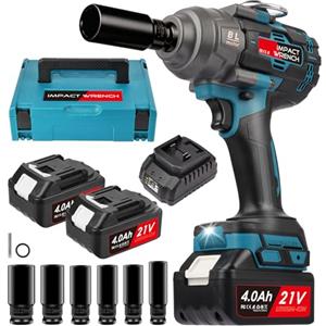 MISTRO Avvitatore a Impulsi 21V 1000Nm Senza Spazzole: 1/2 Avvitatore a batteria 2 Batterie 4.0Ah, Avvitatore ad impulsi con LED e Set 6 Dadi per Auto, Gommista, Fai da Te e Professionisti