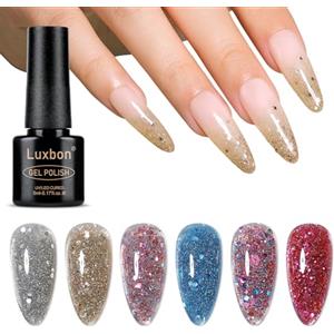 Luxbon 6 pz Glittery Gel Smalto Semipermanente per Unghie Set - Inverno Colore Set Lunga Durata Smalto Semipermanente, uv led Soak Off Nail Art Designs Manicure Kit 031