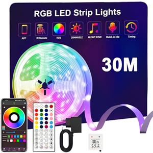 Sylvwin Striscia LED 30m,Strisce LED 30 Metri RGB con Funzione Musicale,44 Tasti Telecomando e App Bluetooth,Nastri per Soggiorno/Cucina,Decorazione Camera da Letto, Festa, Bar,TV