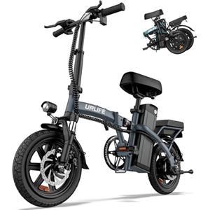 URLIFE Bici Elettrica, 14 Bicicletta Elettrica Pieghevole con 3 Modalità di Guida, Batteria Rimovibile 48V 7.5Ah Autonomia di 60 km E-bike da per Adulti e Adolescenti Grigio