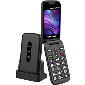 Volfen Nexo Flip MAX - Telefono cellulare con coperchio per anziani, pulsanti e tasti grandi, facile da usare, USB-C, 3 memorie dirette, base di ricarica, colore: nero