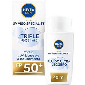 NIVEA SUN Fluido Triple Protection SPF50+ in Tubetto da 40 ml, Crema solare viso 50+ in fluido leggero, Protezione solare viso con Acido Ialuronico e Vitamina E per uso quotidiano