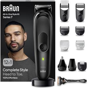 Braun REGOLABARBA STYLING KIT, Tagliacapelli Uomo, Rasoio Elettrico Barba e Capelli, 12-in-1 per Barba, Capelli, Corpo, Naso e Orecchie, 100 Minuti Di Utilizzo Senza Fili, MGK7460