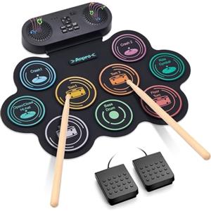 Anpro Set di Batterie Elettroniche, 9 Pad con Altoparlanti Stereo Duali, Kit Elettronico Roll-Up con Pedali e Bacchette, Supporta Cuffie/Bluetooth/MIDI