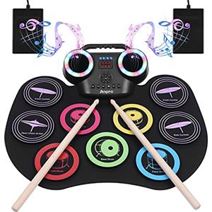 Anpro Batteria Elettronica, 9 Praticare Drum Pads con 2 Bacchette Pedali, Schermo LED, Portatile Tavolo Pieghevole Digitale Tamburo Set, Adatto a Bambini, Adulti e Principianti, Regalo di Compleanno