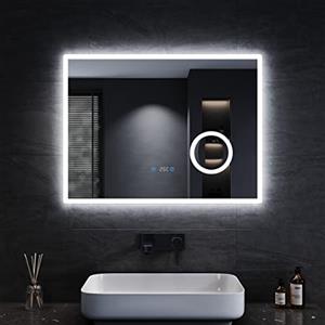 SONNI Specchio da bagno con illuminazione, 80 x 60 cm, anti-appannamento LED, specchio da parete con interruttore touch, orologio, temperatura, ingrandimento 3x