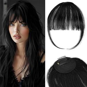 INSPUTOL Frangia a clip in capelli veri al 100% per donna - Parrucca con frangia dall'aspetto naturale con tempie, opzioni di frangia sottile o curva (nero naturale)