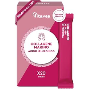 Vitavea Collagene Marino e Acido Ialuronico - Stickpack Orodispersibili Senza Acqua - Integratore Antietà per Pelle Tonica e Luminosa - Gusto Fragola - 20 Stickpack - Vitavea