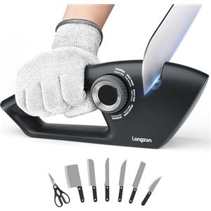 longzon Affilacoltelli Professionale, 5 in 1 Affila Coltelli da Cucin, Affilacoltelli Manuale per Coltelli Dritti, Coltelli da Cucina, Seghettati, Sicuro e Facile da Usare
