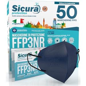 SICURA MASCHERINE CHIRURGICHE 50 Mascherine FFP3 Certificate CE BLU elastici Neri Made in Italy logo SICURA impresso PFE ≥99% | BFE ≥99% Mascherina ffp3 SANIFICATA e sigillata singolarmente
