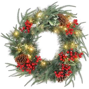 HOMCOM Ghirlanda Natalizia da 60 cm con Luci LED Bianche, Corona di Natale con Timer, 170 Rami, Pigne, Bacche e Agrifoglio, Decorazione Natalizia per Porta e Finestra, Verde