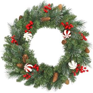 HOMCOM Ghirlanda Natalizia da 60 cm con 146 Rami, Pigne, Bacche e Palline, Decorazione Natalizia per Porta e Finestra, Corona di Natale con Rami Innevati, Verde