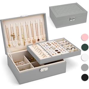 Yarmiene Scatola per gioielli, grande portagioie con 2 piani, organizzatore di gioielli da viaggio in pelle PU, portatile, organizzatore di portagioie per riporre anelli, colore: grigio argento