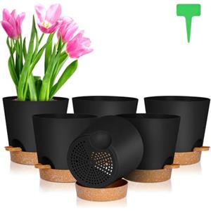 OFFCUP Vasi per Piante Autoirriganti, 6pcs Vasi da Fiori in Plastica, 16.5cm Vasi Decorativi Interno Moderni con Sottovasi per Casa e Ufficio, Vasi da Fiori per Piante, Erbe, Die Rose, Geraniums Nero
