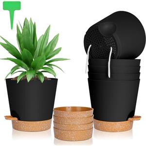 OFFCUP Vasi per Piante Autoirriganti, 6pcs Vasi da Fiori in Plastica, 20cm Vasi Decorativi Interno Moderni con Sottovasi per Casa e Ufficio, Vasi da Fiori per Piante, Erbe, Die Rose, Geraniums Nero