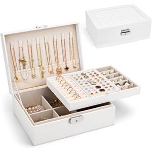 Yarmiene Scatola per gioielli, grande scatola per gioielli con 2 piani, organizer per gioielli da viaggio in pelle PU, portatile, organizer per portagioie per riporre anelli, bianco perla