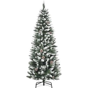 HOMCOM Albero di Natale Innevato da 150 cm con 464 Rami e 28 Pigne, Albero di Natale Finto in Plastica e Metallo con Base Rimovibile, Verde e Bianco
