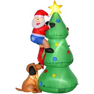 HOMCOM Albero di Natale Gonfiabile 180cm con Babbo Natale, Cagnolino e Luci LED, Decorazione Natalizia da Esterno