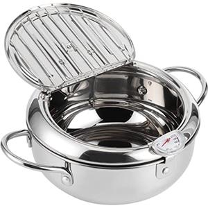 Tomotato Pentola per Friggitrice, Friggitrice per Tempura in Acciaio Inossidabile in Stile Giapponese con Termometro, Coperchio e Scolagocce per Olio, per Cucina Domestica Patatine Fritte, Pesce(20cm)