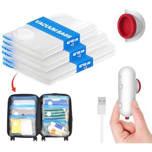 Vacbird Sacchi Sottovuoto Vestiti con Pompa Elettrica Usb, 6 Pezzi di Sacchetti Sottovuoto (2 * 40x40cm / 2 * 40x50cm / 2 * 40x60cm), Buste Sottovuoto Vestiti Riutilizzabili, Accessori Viaggio
