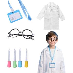 PUERFOCA 7 Pcs Costume da Scienziato Bambini, Costume da Dottore per Ragazzi Ragazze, Camice da Laboratorio per Carnevale Halloween Cosplay, Scienziato Gioco di Ruolo Medico