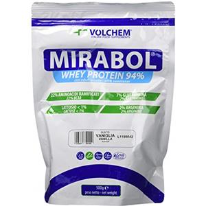 Volchem Mirabol Whey Protein 94, Integratore Alimentare con Proteine del Siero del Latte, 22% Aminoacidi Ramificati, con Arginina e Glutammina, Busta con Polvere Solubile, Gusto Fragola, 500 g