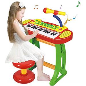 BAKAJI Pianola Giocattolo per Bambini Tastiera 31 Tasti con Ritmi Toni Musica Preimpostata Luci Ritmatiche Microfono Karaoke Funzione Registrazione Supporto di Sostegno e Sgabello