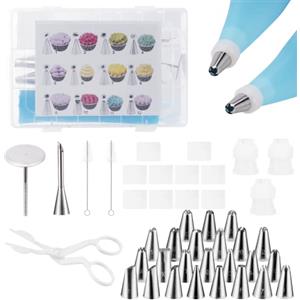 Carehabi Set di beccucci per decorare torte, 34 pezzi, 2 beccucci in acciaio inox, 2 sac à poche riutilizzabili in silicone, per torte, cupcake, biscotti, decorazioni per pasticceria