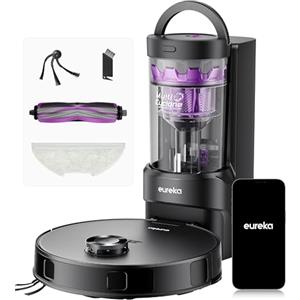 EUREKA E20 Evo Plus Robot Aspirapolvere e Lavapavimenti, 10.000Pa, Anti-Groviglio, 180min Autonomia, Mappatura LDS, Base Senza Sacchetto, Controllo Vocale, Nero
