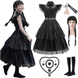 Zophlly Vestito Mercoledì Addams Bambina, 9pz Costume Halloween Bambina, Gotico Cosplay Carnevale Tutu per Ragazza Donna (S)