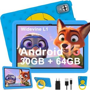 DMOAO Tablet Bambini 10 Pollici Android 15 con 30GB RAM, 5G Wi-Fi 6, 64GB ROM(2TB), Control Parental, Octa-Core, 8MP+5MP, 6000mAh, Custodia Protettiva EVA + Supporto Girevole a 360°, Blu
