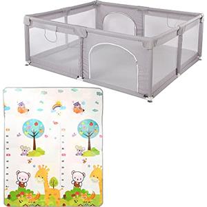 HUOLE Box Bambini, Recinto per Bambini con Rete Visibile, Box Neonato con Porta Cerniera, Centro Attività per Bambini Pieghevole Interni ed Esterni,1,5 * 1,8 m - (grigio)