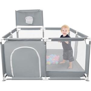 HUOLE Box per Bambini, Recinto per Bambini Pieghevole in Tessuto Oxford con Rete Traspirante, Box per Neonati con Giochi che Include 50 Palline (126 x 126 x 66 cm, grigio scuro)