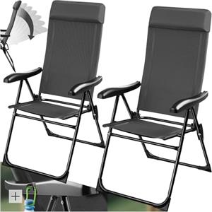 tectake® Set 2 Sedie Campeggio Pieghevoli, Schienale Regolabile 7 Posizioni, Alluminio Inossidabile, Textilene Traspirante, Braccioli Ergonomici, Cuscino Poggiatesta Rimovibile Antiscivolo - Antracite