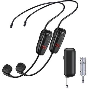 XIAOKOA Microfono Senza Fili,Microfono ad Archetto Wireless,UHF Wireless Doppio Microphone con Display Digitale a LED,per Guida Turistica/Insegnamento/Promozione/Discorso